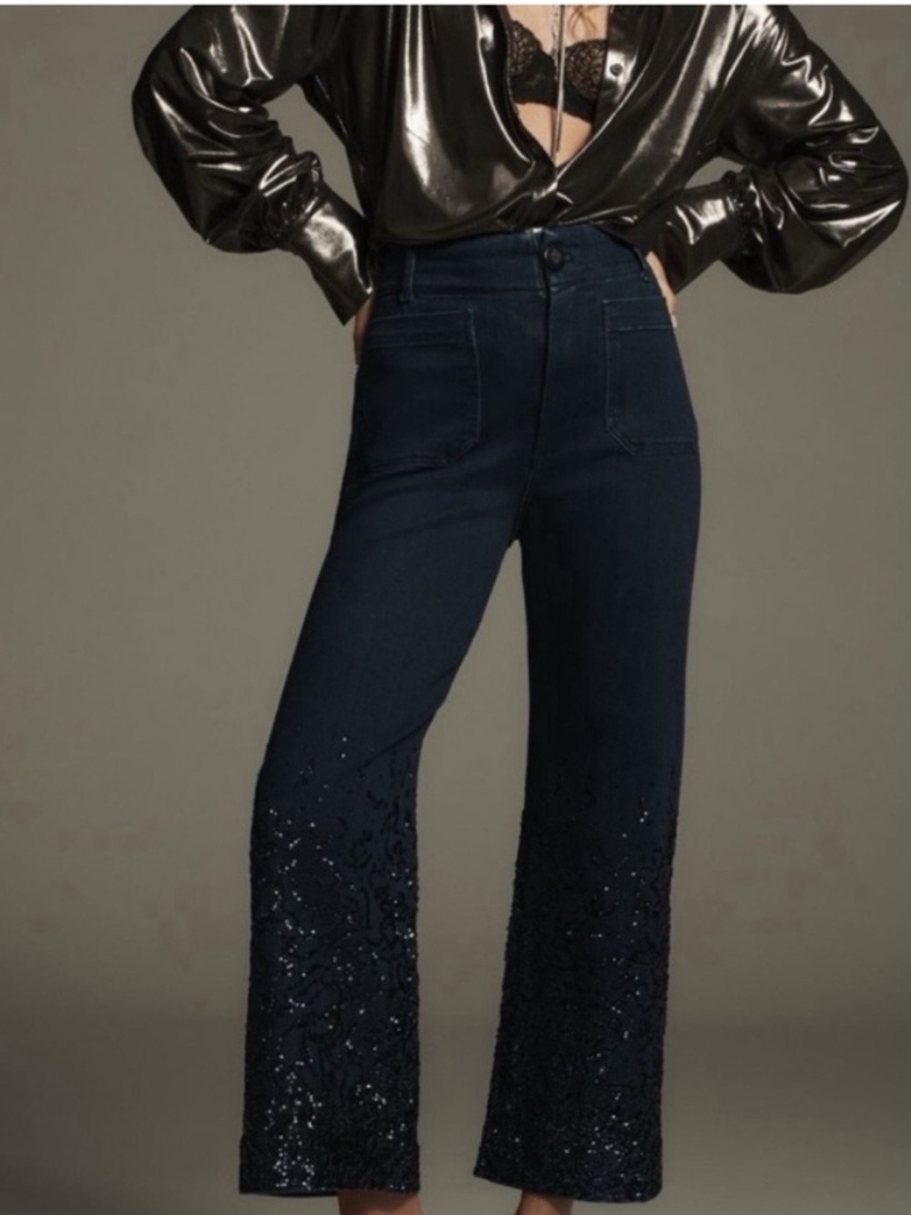 Anthropologie Maeve The Colette Cropped High-Rise Wide-Leg Jeans Sequin 27